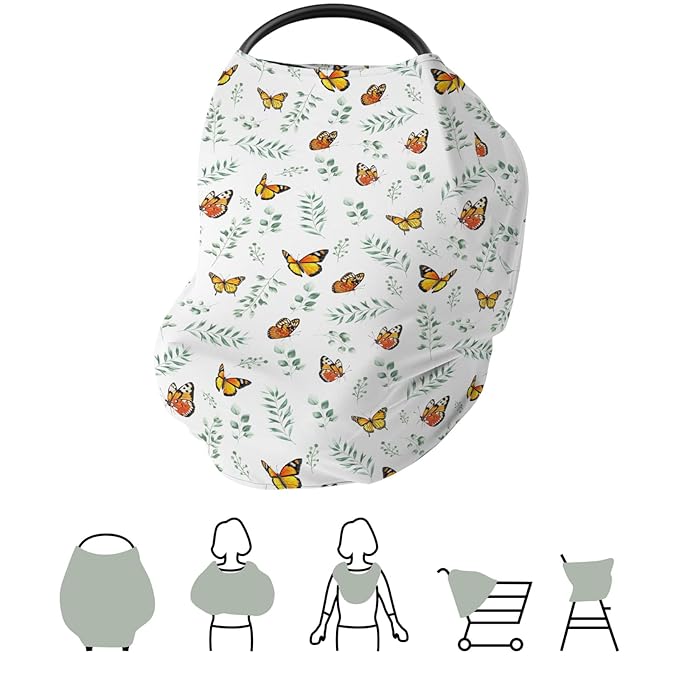 Butterflies Green Leaves Baby Car Seat Covers Spring Garden Stretchy 5-in-1 Cover Adjustable Car Canopy Cover Boho Greenery Breathable Nursing Cover-Up