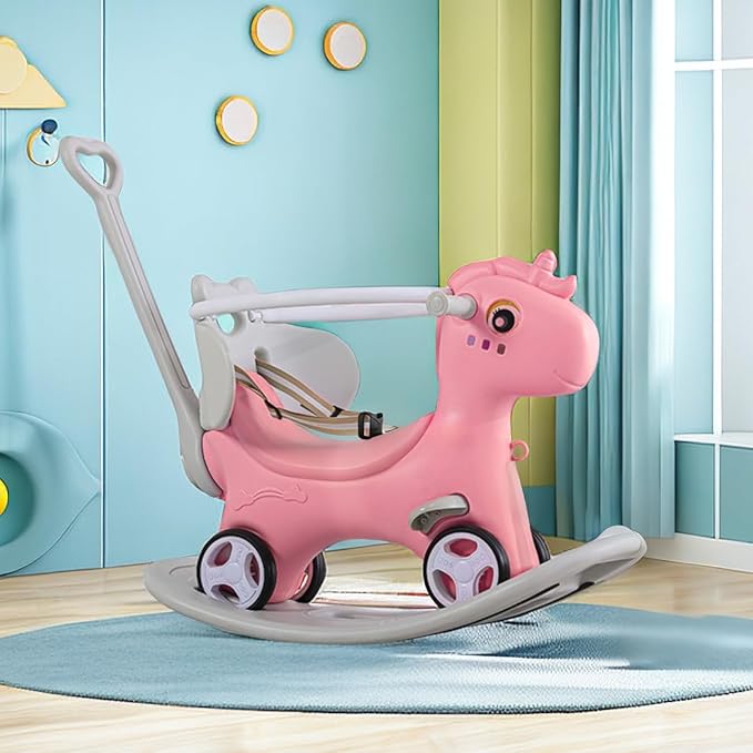 Rocking Horse for Toddlers 1-3 Years,4 in 1 Design, Kids Ride on Toy Balance Bike Push Cart with Detachable Balance Board,Fun Birthday Gift-Pink