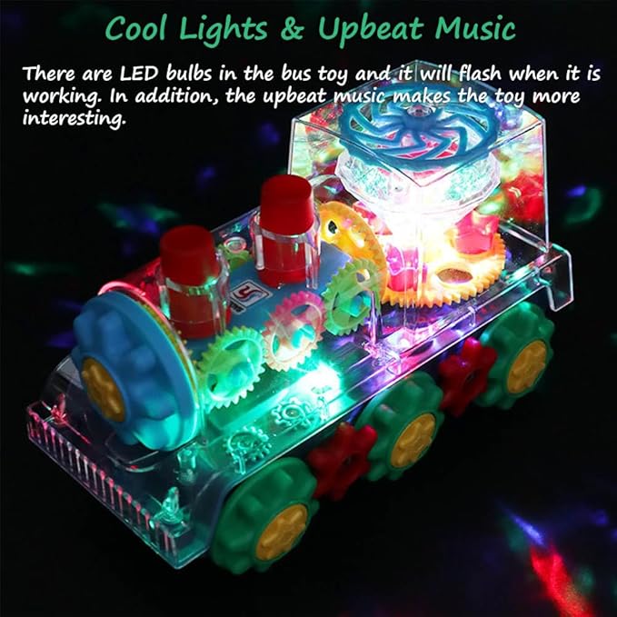 Miracland Transparent Gear Locomotive Toy, Light-up Train Toy Railway Engine Model Toy Toddler Musical Toy 3D Gears Bump & Go Car Toy for Kids with 360° Rotation Function, Lights and Music