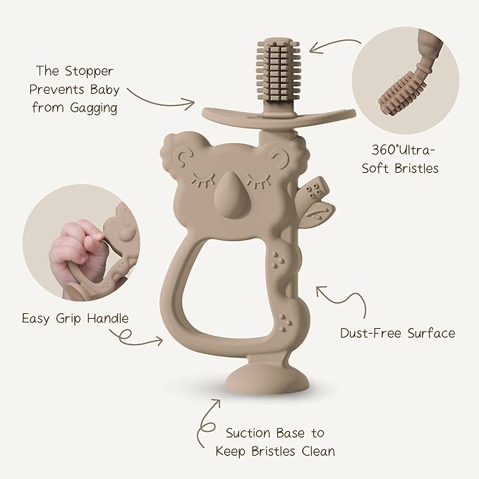Moonkie Teething Toy, Safe & Easy to Hold BPA Free Silicone Teethers, 360° Baby Toothbrush with Suction Base, Teether Toys Best for Babies 6-12 Months (Koala Warm Taupe)