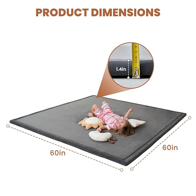 SUNYRISY Baby Play Mat for Floor 60 x 60in, 1.4in Thick Memory Foam Padded Play Mats for Baby, Soft Velvet Infants Toddler Kids Crawling Mat for Nursery, Non-Slip Bottom