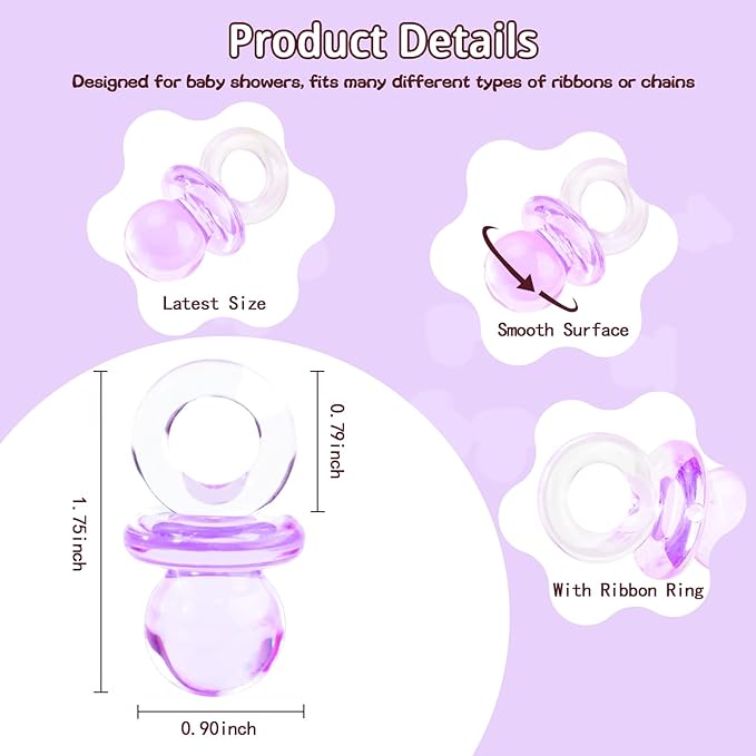 36 Acrylic Pacifiers for Baby Shower Game, 1.75 Inch Cute Baby Shower Pacifiers, Purple Pacifiers for Baby Shower Decoration DIY, Gender Reveal Party Table Scatter, Baby Shower Favors (Purple)
