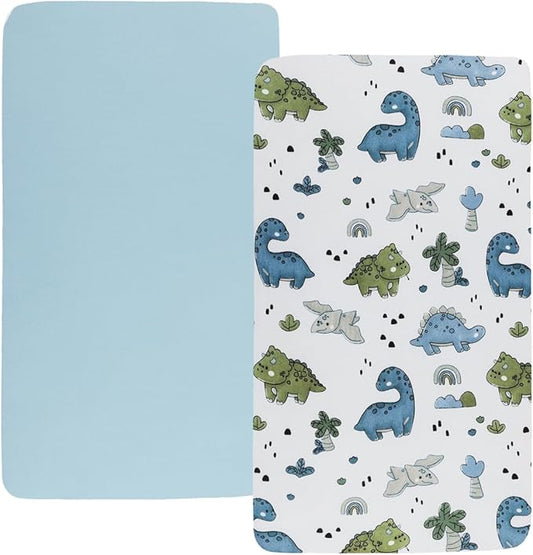 Pack n Play Sheet Stretchy Fitted Portable Mini Crib Sheets Set 2 Pack,Playard Sheets Convertible Playard Mattress Cover,Ultra Soft Jersey Material, Light Blue & Dinosaur