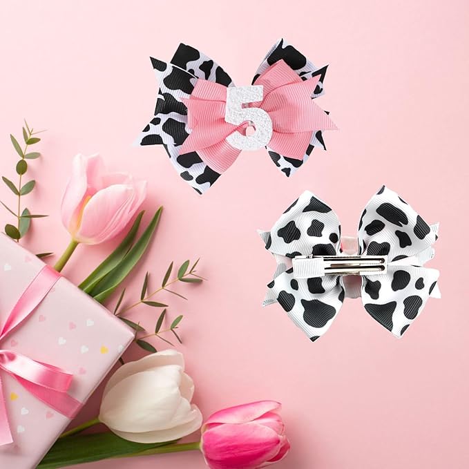 Birthday Hair Bow for Baby Girls - 2Pc Pink Sprinkle Hair Clips for 2nd Birthday Glitter Ice Cream Baby Bow Party Decorations for Girls Toddlers Hair Accessories (Cow Print -5 Years)