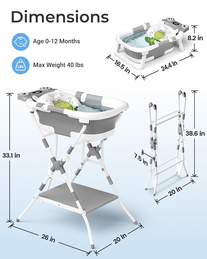 BUNWAG Foldable Baby Bathtub with Stand, 2-in-1 Portable Infant Bath Tub for Newborns and Toddlers, Ergonomic Height for Back Protection& Compact Storage Design