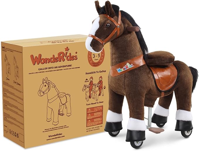 WondeRides Ride on Horse Pony Chocolate Riding Horse Toys Pony Ride Size 4 for Kids Toddlers Age 4-9, 36 inch Height Plush Walking Animal Mechanical Rocking Horse with Wheels No Battery