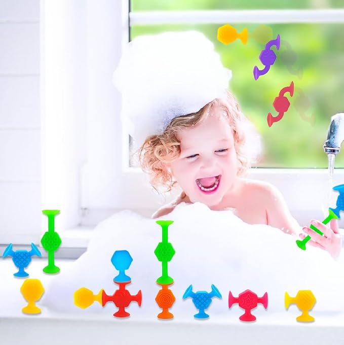 24 Pcs Bath Toys for Kids Ages 3+, Suction Cup Toys for Autistic Children, Stocking Stuffers Travel Window Stem Learning Toys, Bathtub Toys with Dinosaur Eggshell Storage
