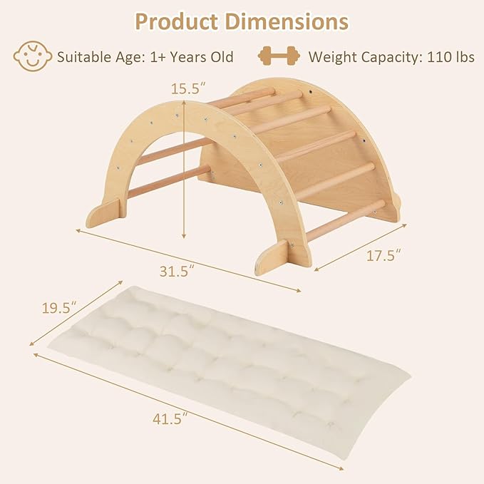 INFANS Wooden Arch Climber Rocker with Soft Cushion, 6 in 1 Montessori Climbing Toys for Toddlers, Waldorf Indoor Table Baby Children Ladder Gym Learning Playset for Kids (Natural with Desktop)