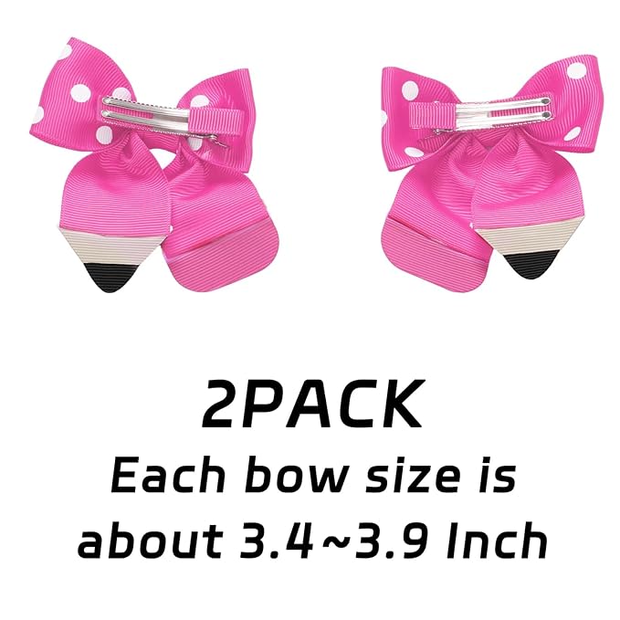 YKW Pink Polka Dot Pencil Hair Bow Clip for Girls - Cute School Themed Grosgrain Ribbon Accessory with Secure Metal Fastener - First Day Teacher Gift - 3.9 Inch