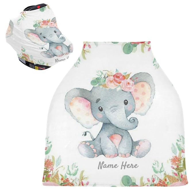 Custom Baby Car Seat Cover with Name & Date, Personalized Cute Elephant Nursing Covers Breastfeeding Scarf, Infant Carseat Canopy, Gift for Mom Baby Newborn
