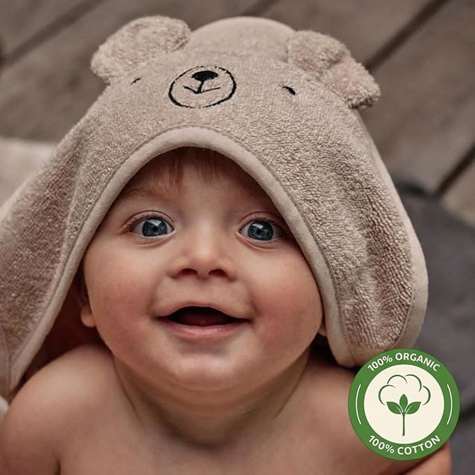 Hooded Baby Towel - 100% Organic Cotton Baby Bath Towels – Baby Towels, Baby Bath Towels for Baby Boy, Baby Girl, 32" x 32" Super-Soft and Absorbent Baby Towels for Newborn (Bear - Fog)