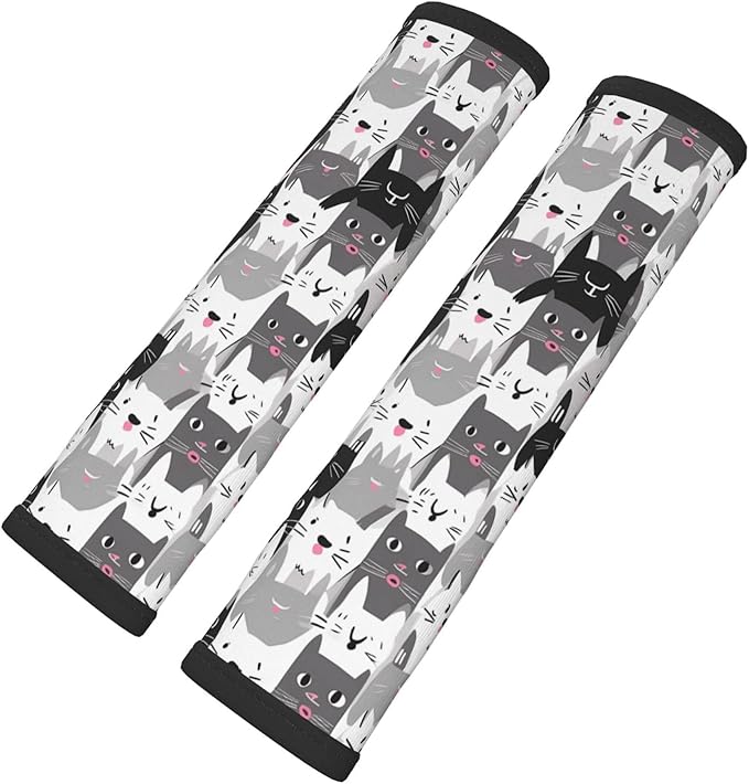 Cartoon Cat Kitten Seat Belt Cover Fits Cars Trucks SUV Sedans Sweat Absorption Car Seatbelt Strap Cover, Cute Auto Interior Accessories Protector