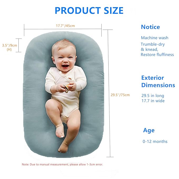 Baby Lounger, Baby Lounger for Newborn 0-24 Months, 100% Breathable Cotton Baby Nest for Tummy Time & Diaper Changes, Portable Infant Essentials for Home & Outdoor(Misty Blue)