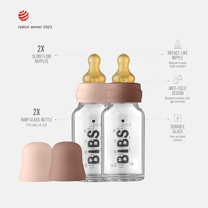 Bibs Baby Glass Bottle | Newborn Anti-Colic Baby Borosilicate Glass Bottles | Natural Vented Round Natural Rubber Latex Nipple | Consistent Flow Rate | 3.7 oz/110 ml | 2 Pack | Blush/Woodchuck