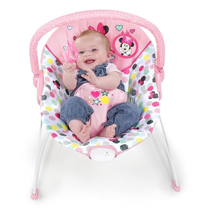 Bright Starts Disney Baby Minnie Mouse Baby Bouncer Soothing Vibrations Plush Infant Seat - Removable Toy Bar, Nonslip Feet, 0-6 Months Up to 20 lbs (Spotty Dotty)