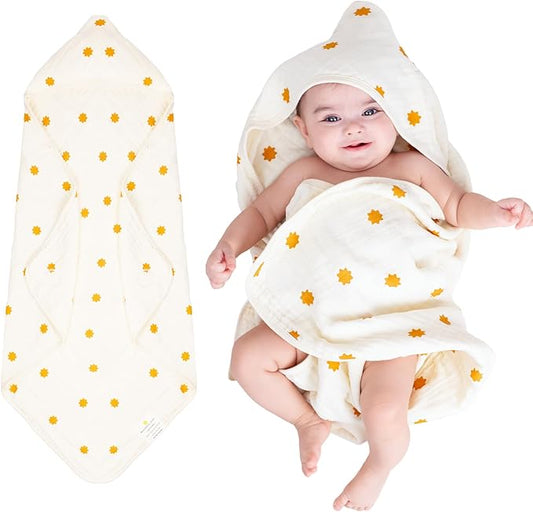 Hands-Free Hooded Towel - 100% Organic Premium Muslin Cotton, 30" x 30", Ultra-Absorbent, Soft, Breathable, Hypoallergenic, Multipurpose, Gifts for Babies & Infants