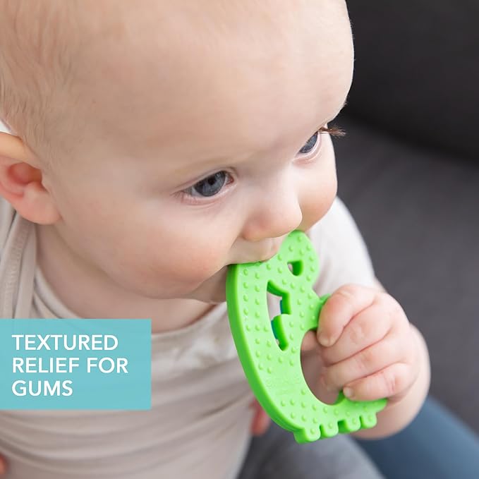 Bumkins Baby Teething Freezer Toy Keys Rings, Soft Flexible Silicone Pacifier, Safe to Chew, Cool Teether Gum Relief, Essentials for Babies 3 Months, Freezable, Sensory Textured, Dinosaur Green