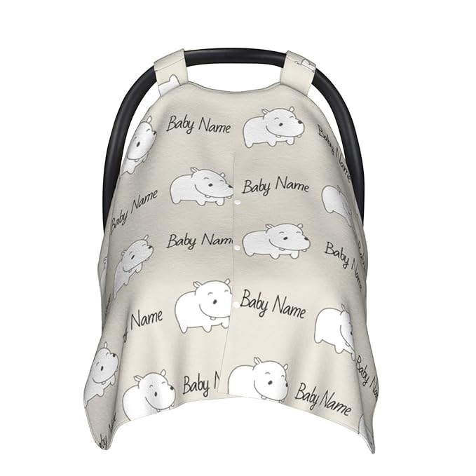 Personalized Lovely Hippo Baby Infant Car Seats Canopy for Babies with Name, Custom Car Seat Covers for Baby Boys Girls, Peekaboo Minky Nursing Breastfeeding Stroller Canopies for Newborn
