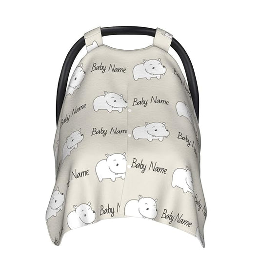 Personalized Lovely Hippo Baby Infant Car Seats Canopy for Babies with Name, Custom Car Seat Covers for Baby Boys Girls, Peekaboo Minky Nursing Breastfeeding Stroller Canopies for Newborn