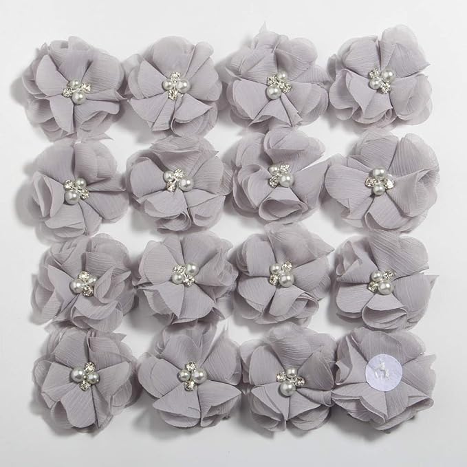 50 Pcs 2" Mini Chiffon Flowers with Rhinestones for Baby Girls Hair Accessories Artificial Fabric Flowers for Headbands Craft Projects (Grey)