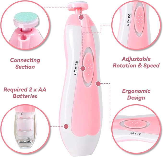 Qunlions life Baby Nail Trimmer File with Light - Safe Electric Nail Clippers Kit for Newborn Infant Toddler Kids Toes and Fingernails - Care, Polish and Trim - Battery Operated (AA), Pink