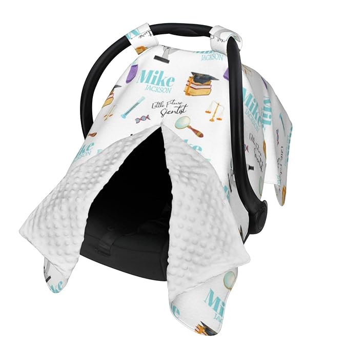 Personalized Baby Car Seat Canopy for Babies, Custom Name Baby Car Seats Covers for Boys Girls, Opening Minky Nursing Breastfeeding Cover for Infant Newborn, Carseat Canopies (Future Scientists)