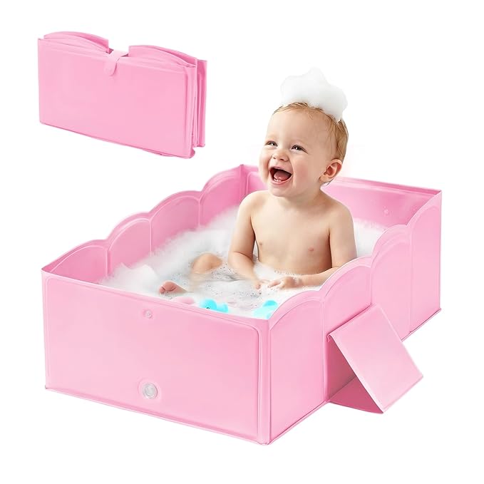 Collapsible Baby Bathtub for Shower,Reinforced Structure Infant Foldable Bath Tub with Non-Slip Base,Portable Space-Saving Kids Bath Tub for 6M to 4Years,Suitable for Outdoor, Travel Use(Pink)