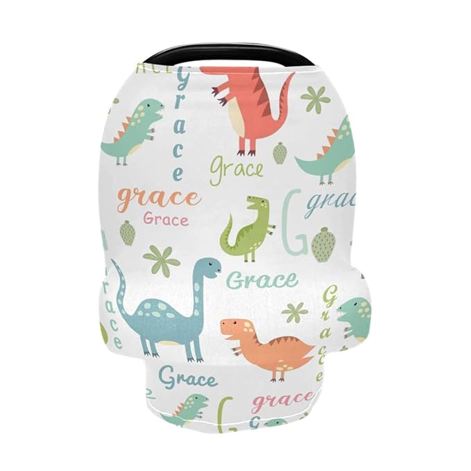 Personalized Dinosaur Baby Car Seat Cover for Boys, Customized Infant Carseat Covers with Name, Multi Use Nursing Cover Breastfeeding Scarf, Stroller Sun Shade Cover Canopy
