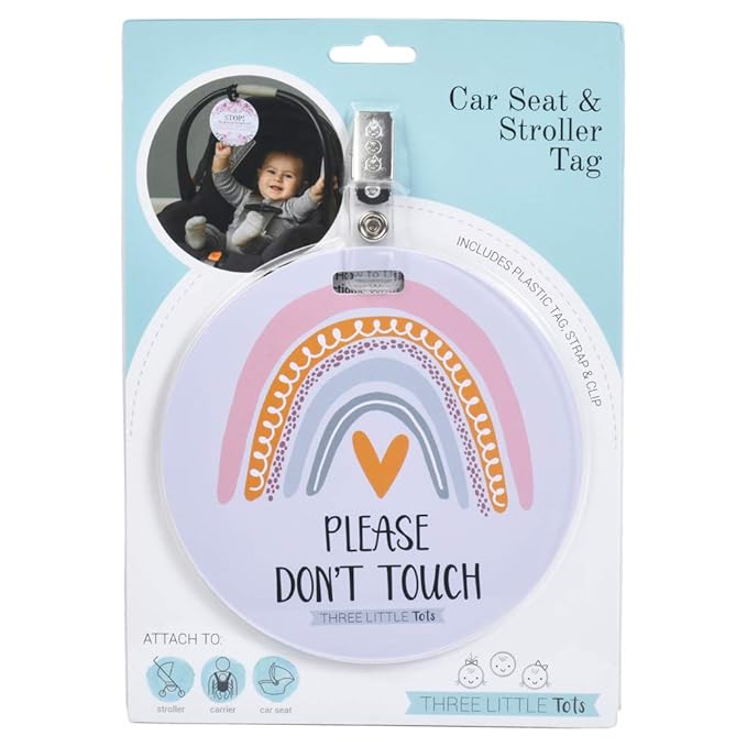 (Three Little Tots) No Touching Baby Car Seat and Stroller Two Pack- Baby Safety No Touching Car Seat Sign, Stroller Sign, Newborn Car Seat Tag- CPSIA Safety Tested (Eucalyptus/Rainbow)