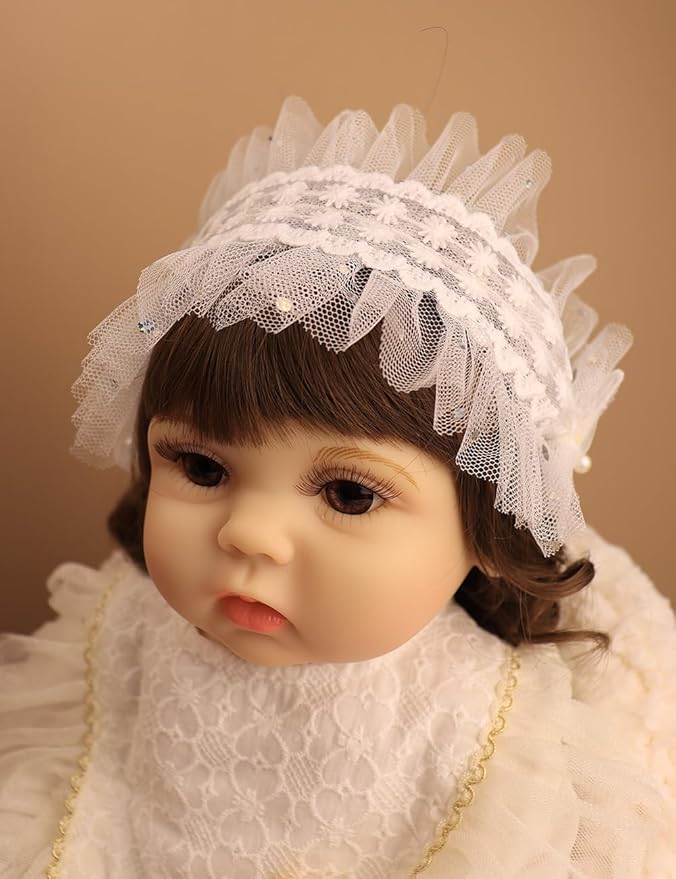 Baby Girls Headband Lacy Bow Pearl Wide Hair Band Turban for Infants Newborn Toddler Floral Ivory Elastic Head Wrap Breathable Sun Bonnet Hair Accessories (White C)