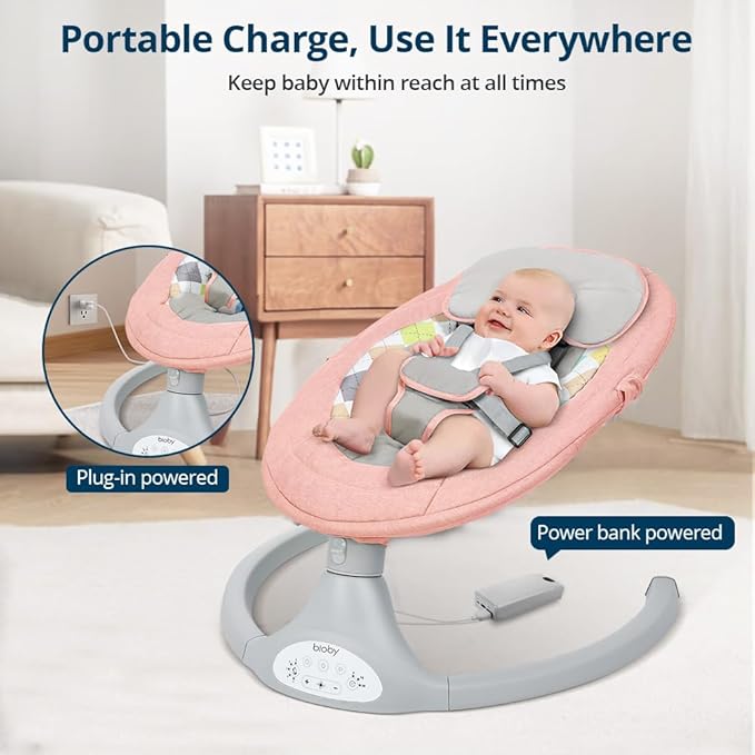 Bioby Baby Swing for Infants with 5 Natural Sway Speeds, Portable Bt Music Baby Swing with Remote Control & 5-Point Harness, Lightweight Baby Rocker for 5-20 Lb,0-12 Months Pink