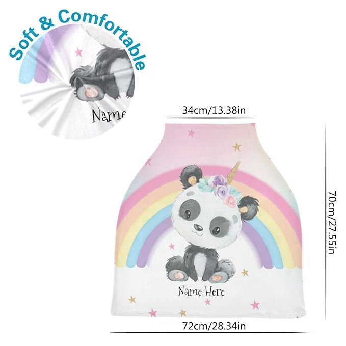 Personalized Rainbow Cute Panda Baby Car Seat Covers for Girls Boys, Customized Multiuse Carseat Canopy with Name, Multiuse Nursing Cover Breastfeeding Scarf, Infant Stroller Cover