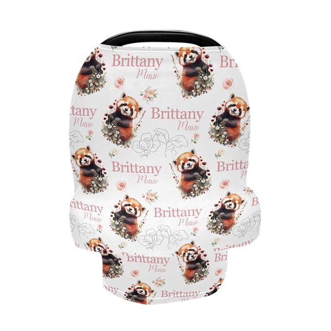 Personalized Baby Car Seat Cover for Girls, Custom Nursing Covers for Breastfeeding with Name, Red Panda Bear Infant Stroller Cover, Baby Carseat Canopy for Newborn, Multiuse Car Seat Canopies