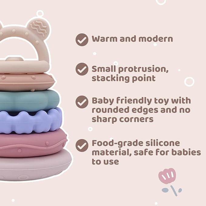 Baby Bear Teething & Stacking Toy Set - Teething Toys Silicone Teethers, Soft Baby Stacker Rings Teether, Learning Toy Gift for Boys and Girls 6+ Months (Beige)