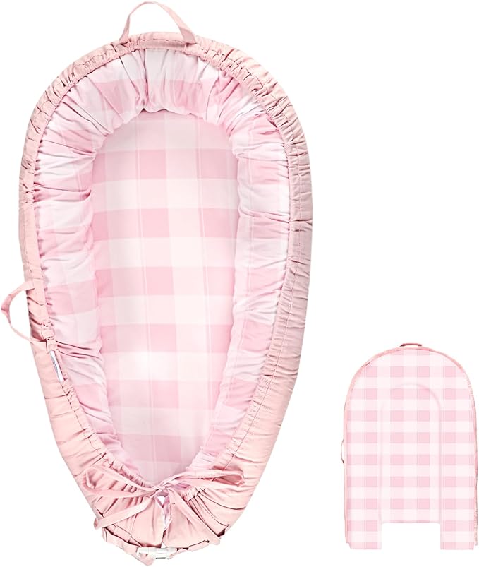 DILIMI Baby Lounger Cover, Cotton Baby Nest Replacement Cover for Girls Boys, Soft Breathable Reversible Newborn Lounger Cover, Pink Checkered (Only Cover)