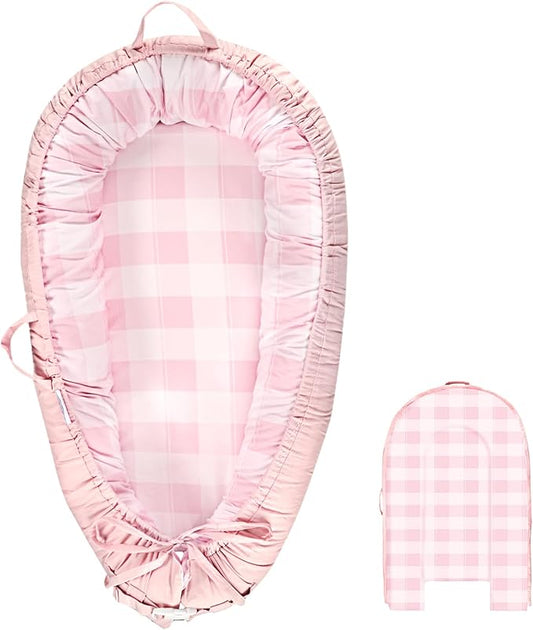 DILIMI Baby Lounger Cover, Cotton Baby Nest Replacement Cover for Girls Boys, Soft Breathable Reversible Newborn Lounger Cover, Pink Checkered (Only Cover)