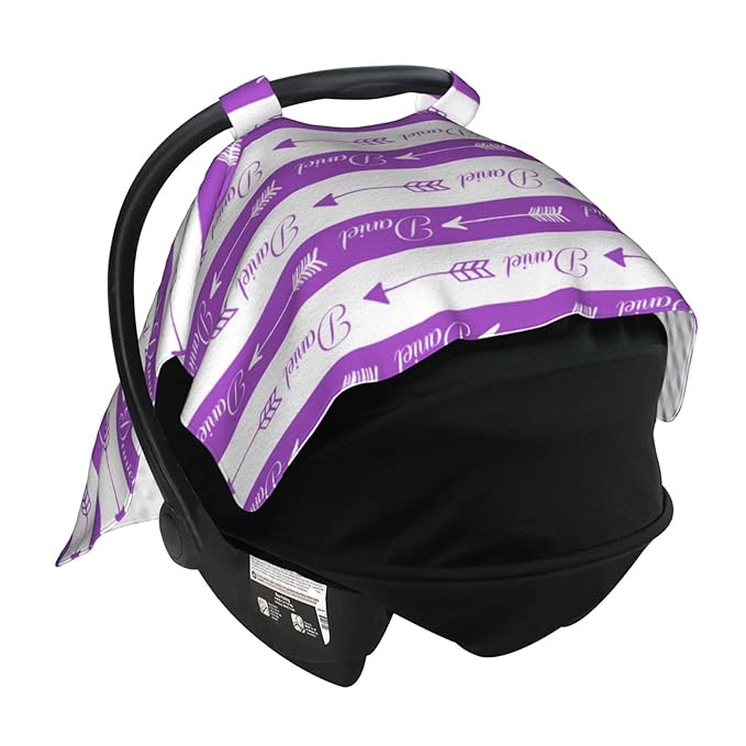 Personalized Baby Name Car Seat Covers with Tribal Arrows, Custom Carseat Canopy, Peekaboo Opening Nursing Wrap Breastfeeding Car Seat Canopies for Baby Boys Girls Newborn (Purple Arrow Minky Dot)