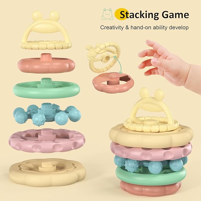 Baby Teething Toys 3-6 Months, Soft Silicone Stacking Rings Teether, 6-Piece Stackable Circles for Teething Relief Safe BPA-Free Teething Gift, Perfect Baby Shower & Birthday Present for Boys & Girls