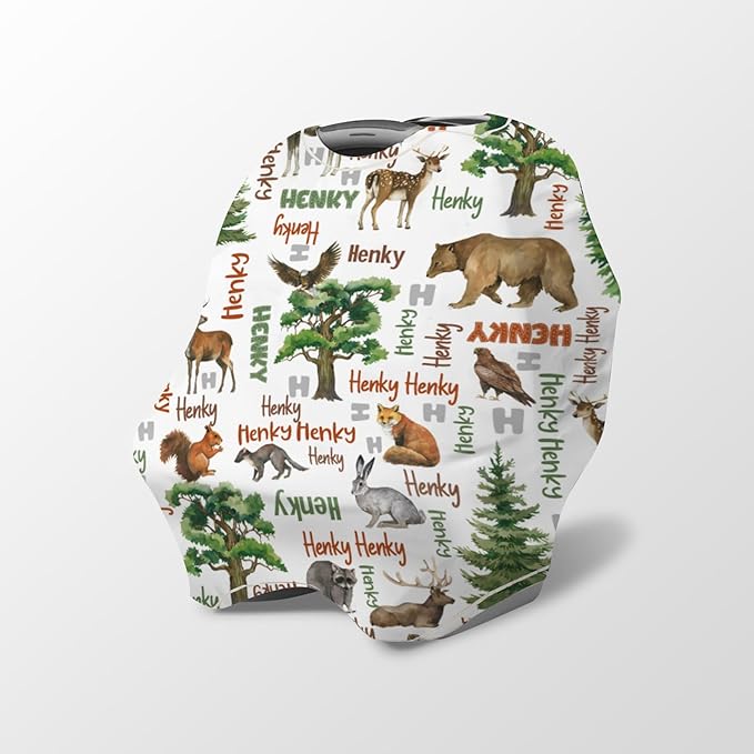 Personalized Baby Car Seat Cover Stroller Canopy: Custom Name Newborn Baby Boy Girl Elastic Animals Nursing Cover for Moms First Birthday Gift Forest Bear Fox(one Size)