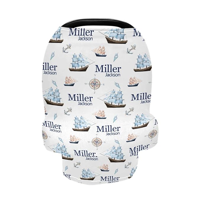 Personalized Baby Car Seat Cover for Boys Girls, Custom Nursing Covers for Breastfeeding with Name, Nautical Ship Infant Stroller Cover, Baby Carseat Canopy for Newborn, Multiuse Car Seat Canopies