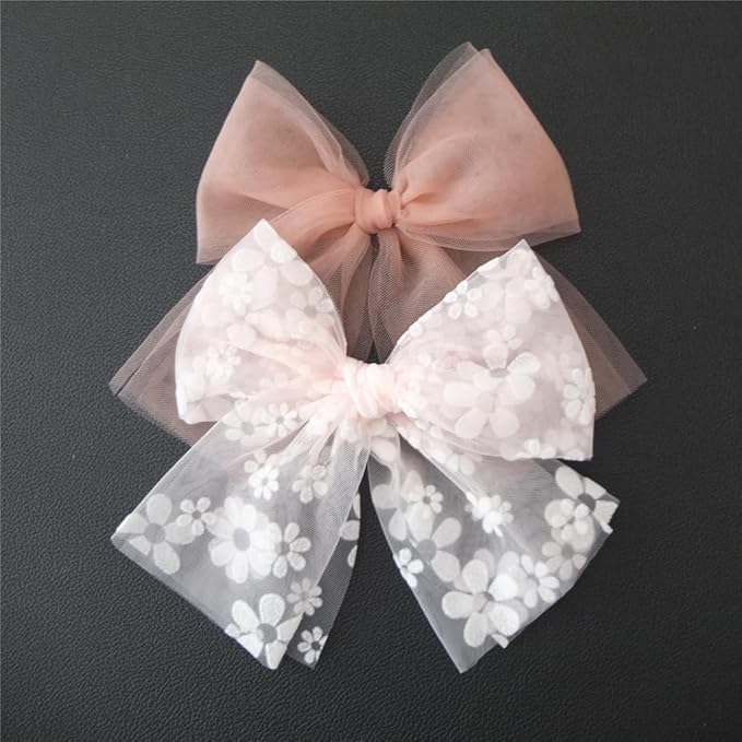 Large Tulle Bows Hair Clips for Baby Girls - Lace, Cottagecore, Lightweight Gauze Barrettes Accessories (Pink Floral and White)