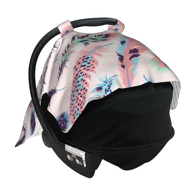 Boho Pink Feathers Baby Car Seat Covers Canopy, Peekaboo Opening Carseat Cover Soft Nursing Stroller Cover Canopy for Shower Gift Newborn