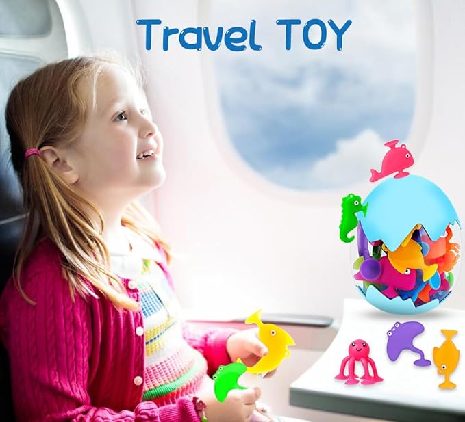 18PCS Suction Bath Toys for Toddler Kids, Mold Free Silicone Ocean Animals Suction Cup Bathtub Toys, No Hole Sensory Window Fidget Toys, Fun Creative Gift for Boys Girls with Eggshell