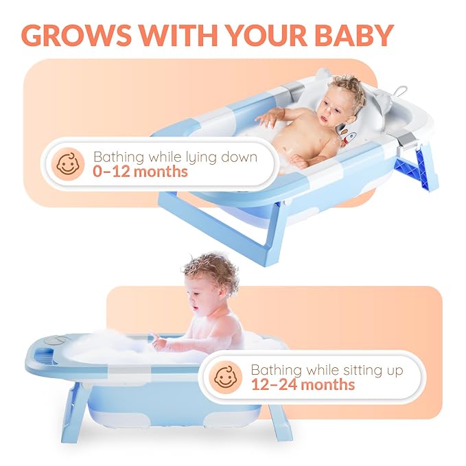Collapsible Baby Bathtub for Newborn Infant Girl & Boy 0-24 Months, Foldable Portable Bathtub with Thermometer, Heat Sensor, Drain Plug, Water Scoop, Cushion Pillow, Compact Travel Bath Tub for Shower