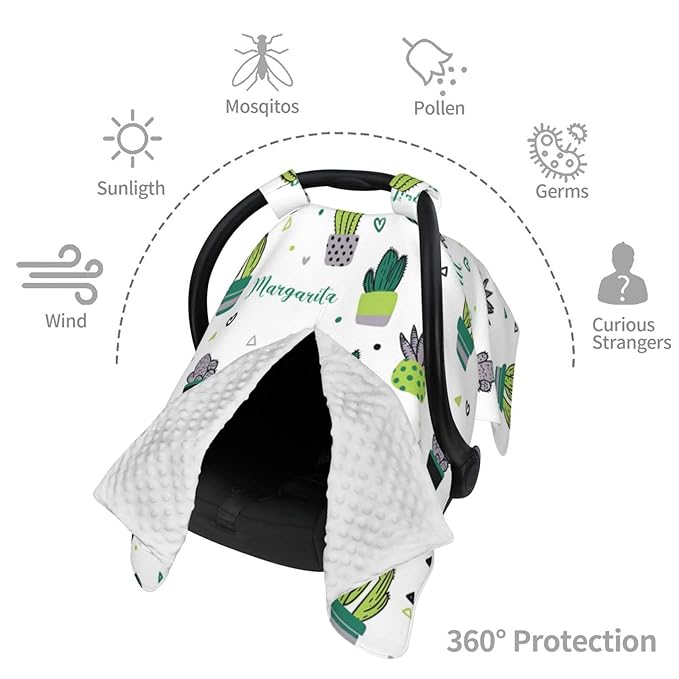 Personalized Baby Car Seat Canopy with Name, Cactus Infant Car Seat Cover, Nursing & Breastfeeding Stroller Cover, Newborn Shower Gift for Baby Boys and Girls