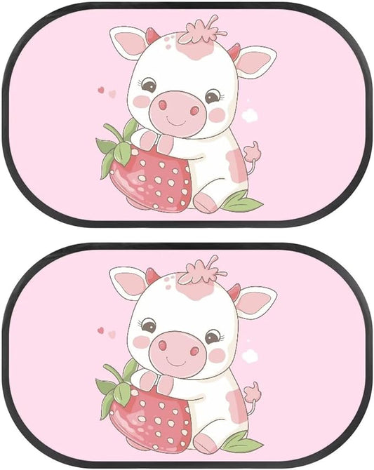 Bulopur Strawberry Cow 2 PCS Car Shades Back Windows Baby Easy to Install Car Window Shade Baby Car Seat Sun Protection Cute Design Universal Fit Mesh Car Window Shades