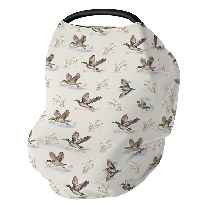 Wild Ducks Mallards Baby Car Seat Covers Vintage Duck Hunting Stretchy 5-in-1 Cover Adjustable Car Canopy Breastfeeding Cover Retro Duck Leaves Pond Breathable Nursing Cover-Up