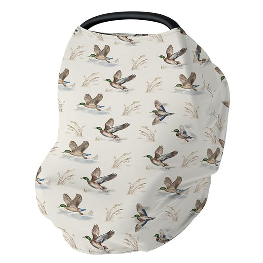 Wild Ducks Mallards Baby Car Seat Covers Vintage Duck Hunting Stretchy 5-in-1 Cover Adjustable Car Canopy Breastfeeding Cover Retro Duck Leaves Pond Breathable Nursing Cover-Up