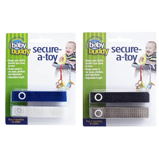 Baby Buddy Secure-A-Toy, Safety Strap Secures Toys, Teether, Pacifiers to Strollers, Highchairs, Car Seats, Adjustable, Keep Toys Sanitary, Registry Must Haves, Boys Colors (Colors May Vary), 4 Count