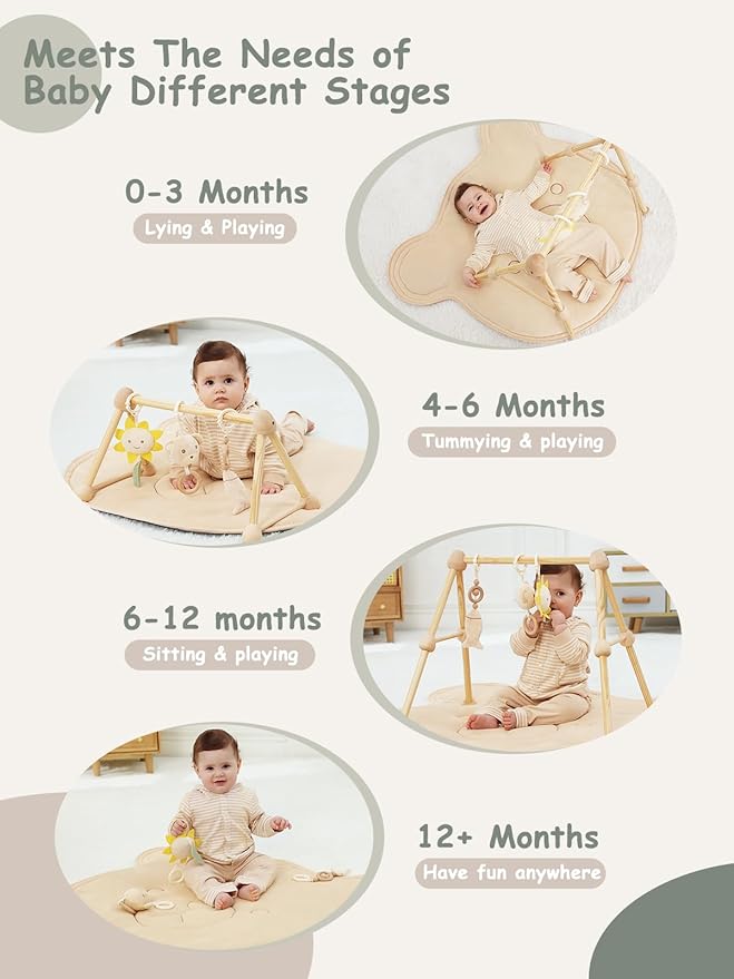 4-in-1 Wooden Baby Play Gym & Activity Mat, Soft Cotton Tummy Time Mat for Babies 0+,with 3 Detachable Toys for Sensory & Motor Skill Development,Newborn Infant Baby Essentials Gift,Bear